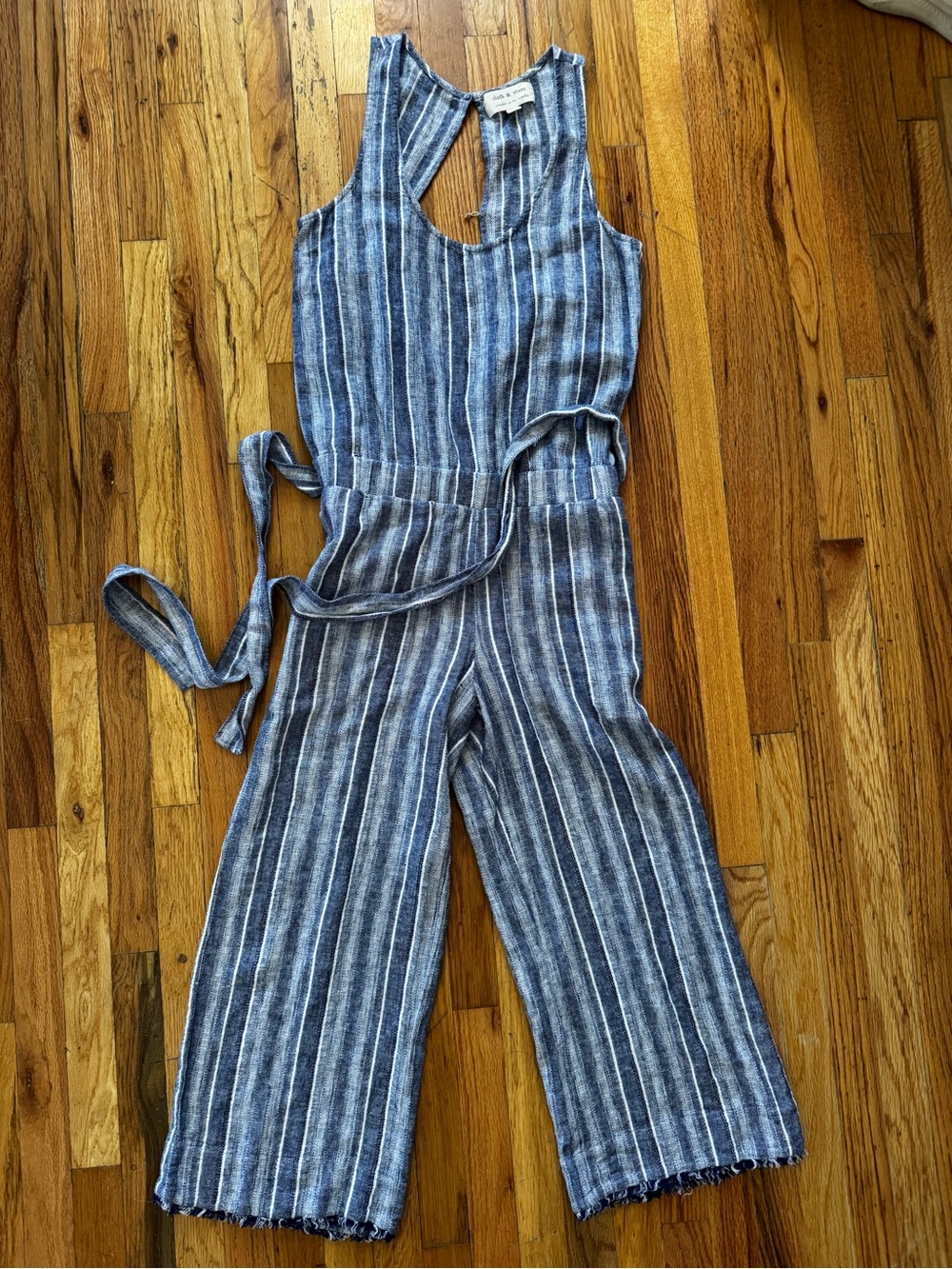 cloth & stone Blue and White Striped Linen-Blend Wide-Leg Jumpsuit